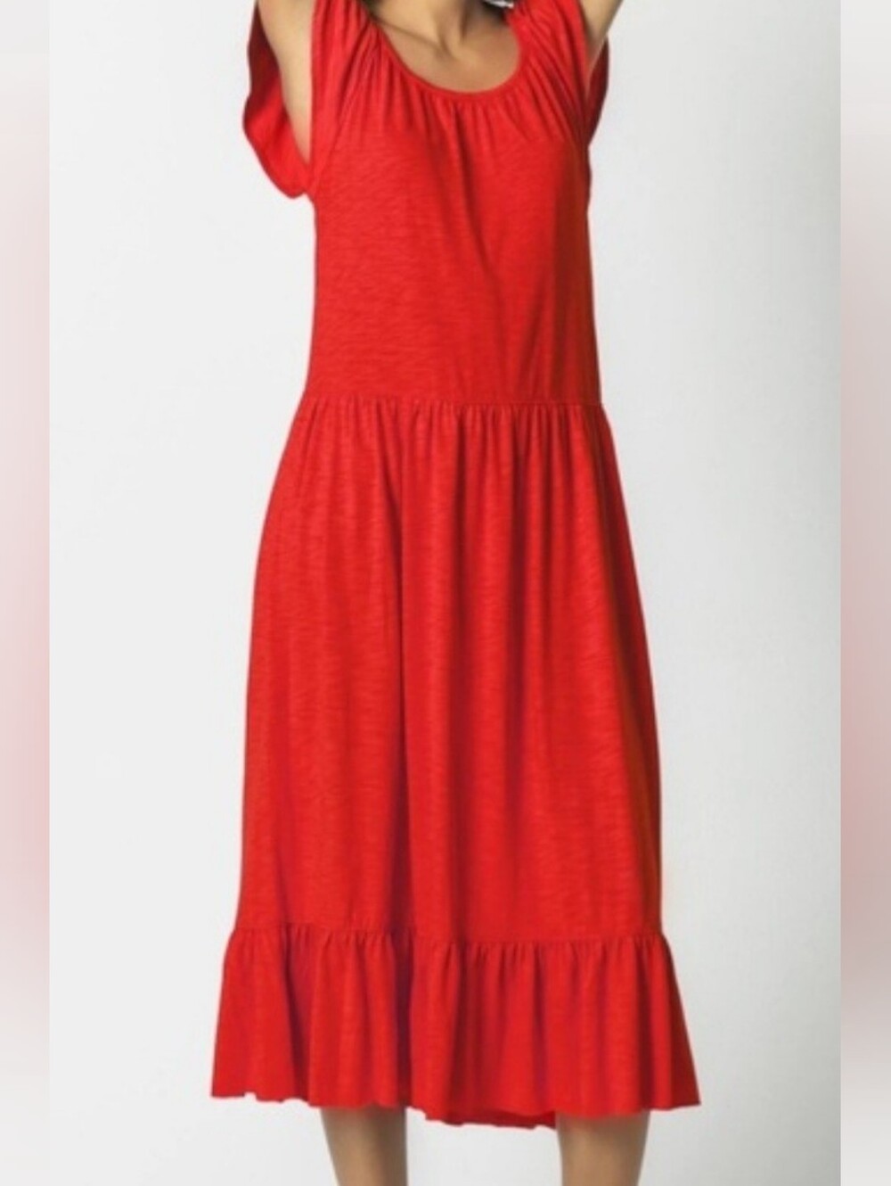 Lilla P Coral Red Tiered Ruffle Cap Sleeve Midi Dress